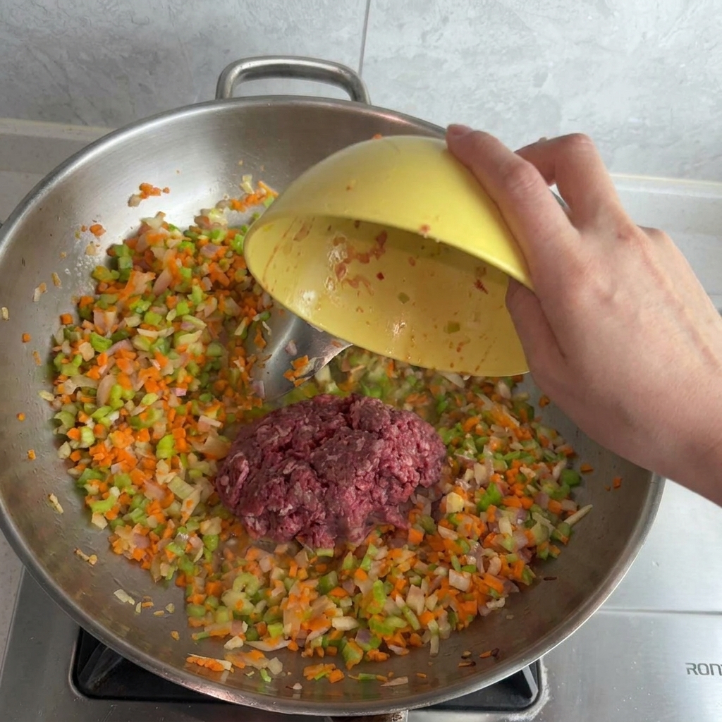 Viande hachée crue versée dun bol jaune dans une grande poêle remplie de carottes, céleri et oignons sautés.