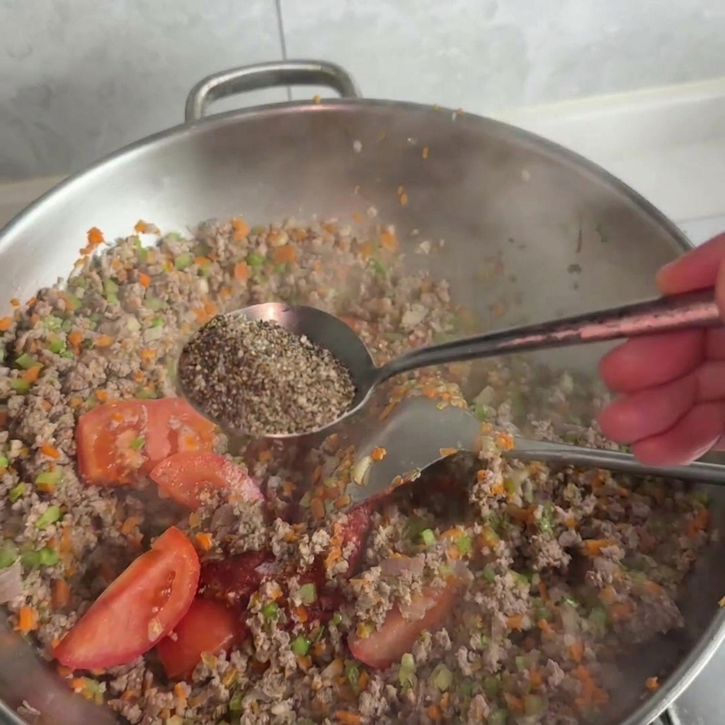 Une grande cuillère en métal remplie de poivre noir tenue au-dessus dune poêle de sauce frémissante.