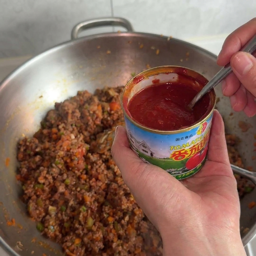Une main tenant une boîte de concentré de tomate et utilisant une cuillère pour lajouter à la viande cuite.