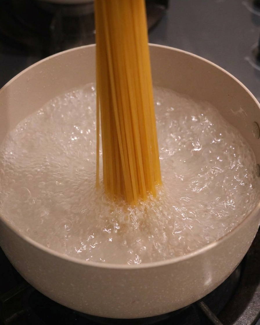 Un faisceau de spaghetti secs plongé verticalement dans une casserole deau bouillante.
