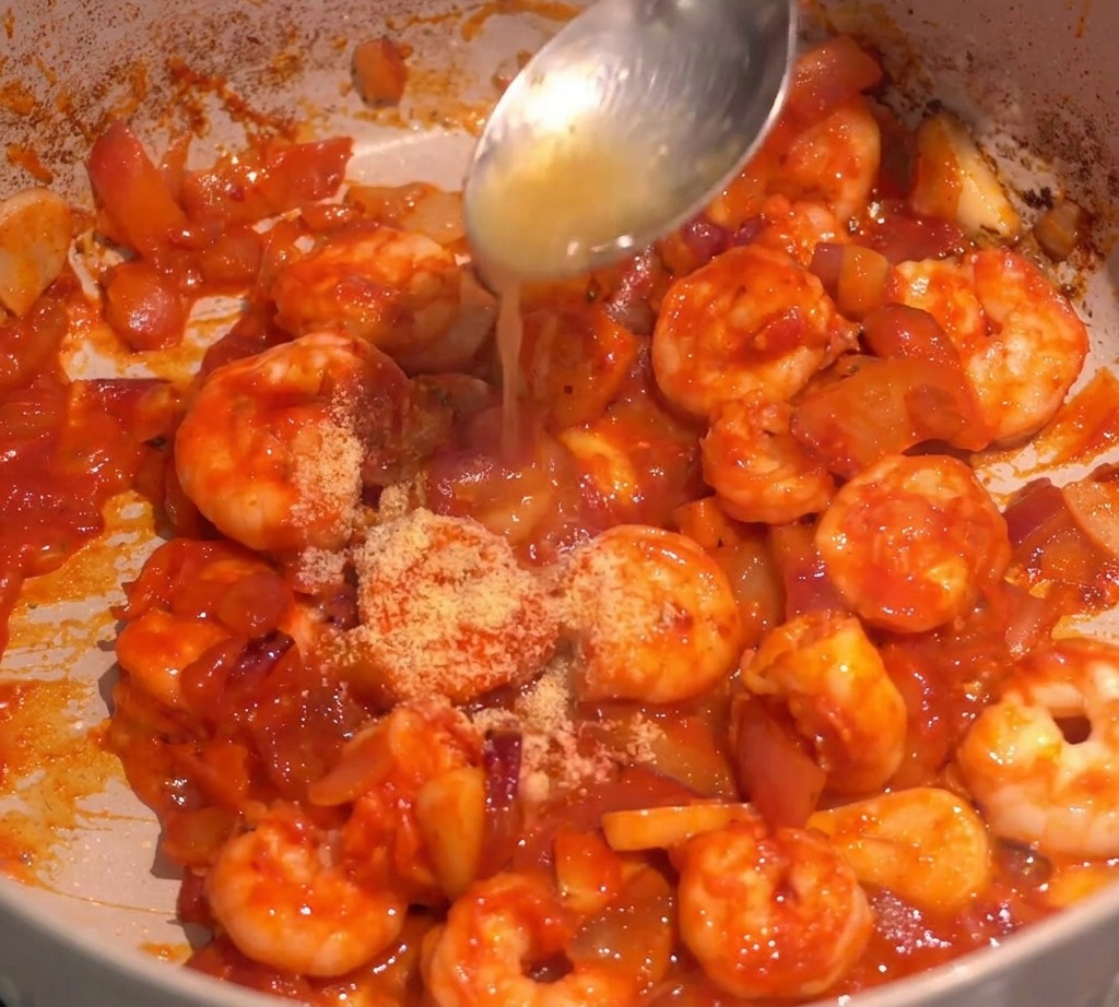 Épices saupoudrées sur des crevettes en sauce rouge dans une poêle.
