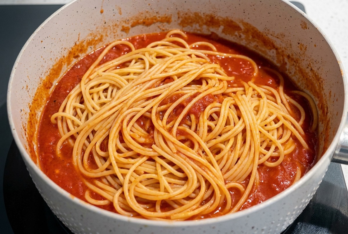 Spaghetti cuits déposés sur une sauce rouge bouillonnante dans une poêle claire.