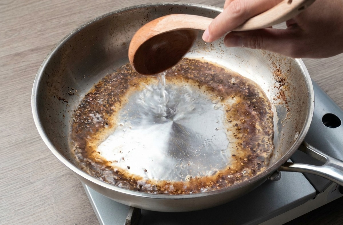 Eau de cuisson des pâtes versée à la louche dans une poêle contenant du poivre noir torréfié, créant une base de sauce bouillonnante.
