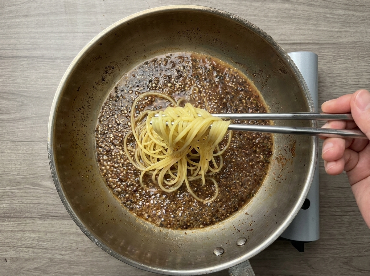 Une portion de spaghettis soulevée avec une pince et transférée dans une poêle remplie deau de pâtes poivrée.