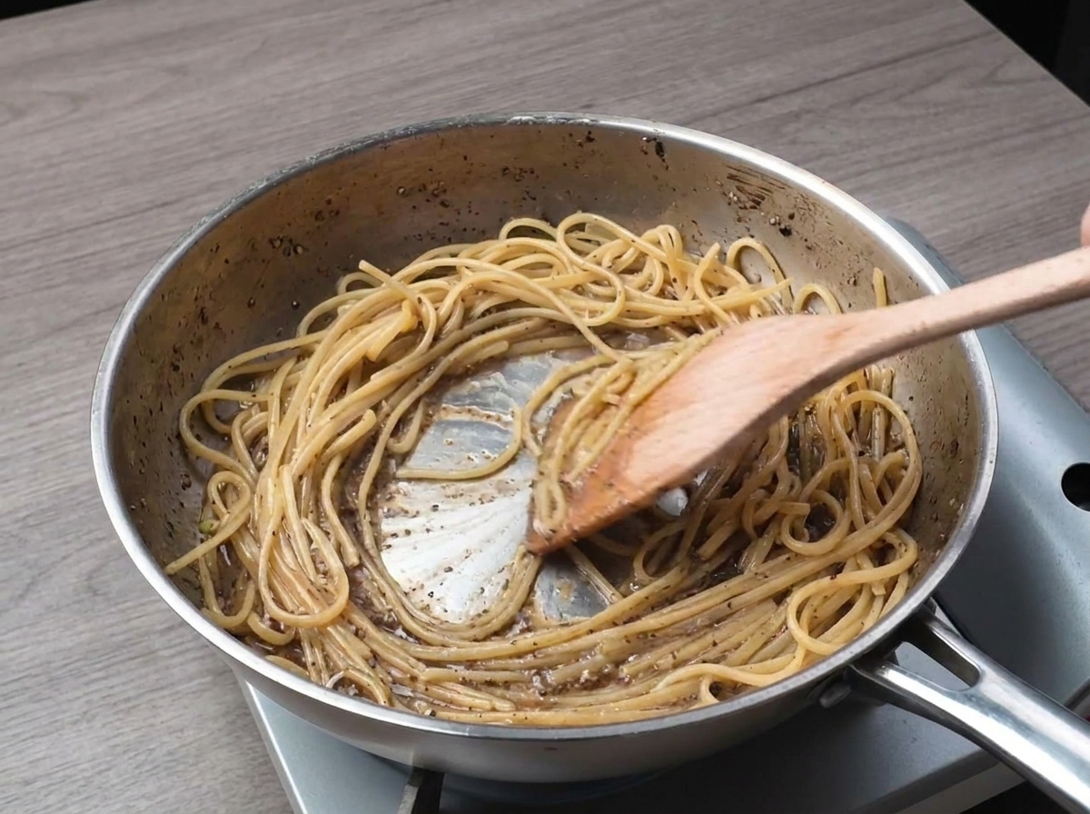 Spaghettis mélangés avec une cuillère en bois dans une poêle en inox pour émulsionner la sauce au poivre.
