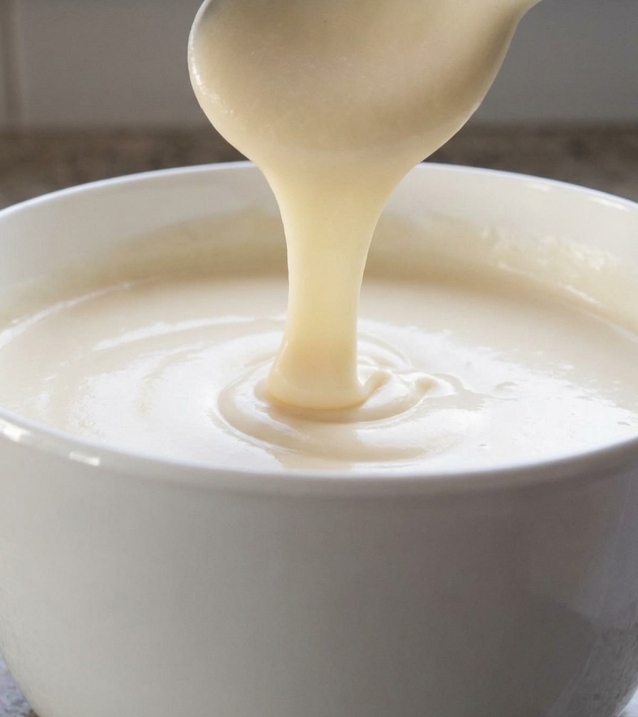Une sauce au fromage épaisse et onctueuse sécoulant lentement dune cuillère blanche