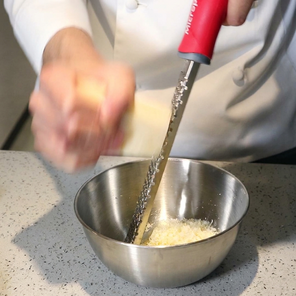 Mains râpant un morceau de fromage à pâte dure au-dessus dun bol en inox avec une râpe fine.