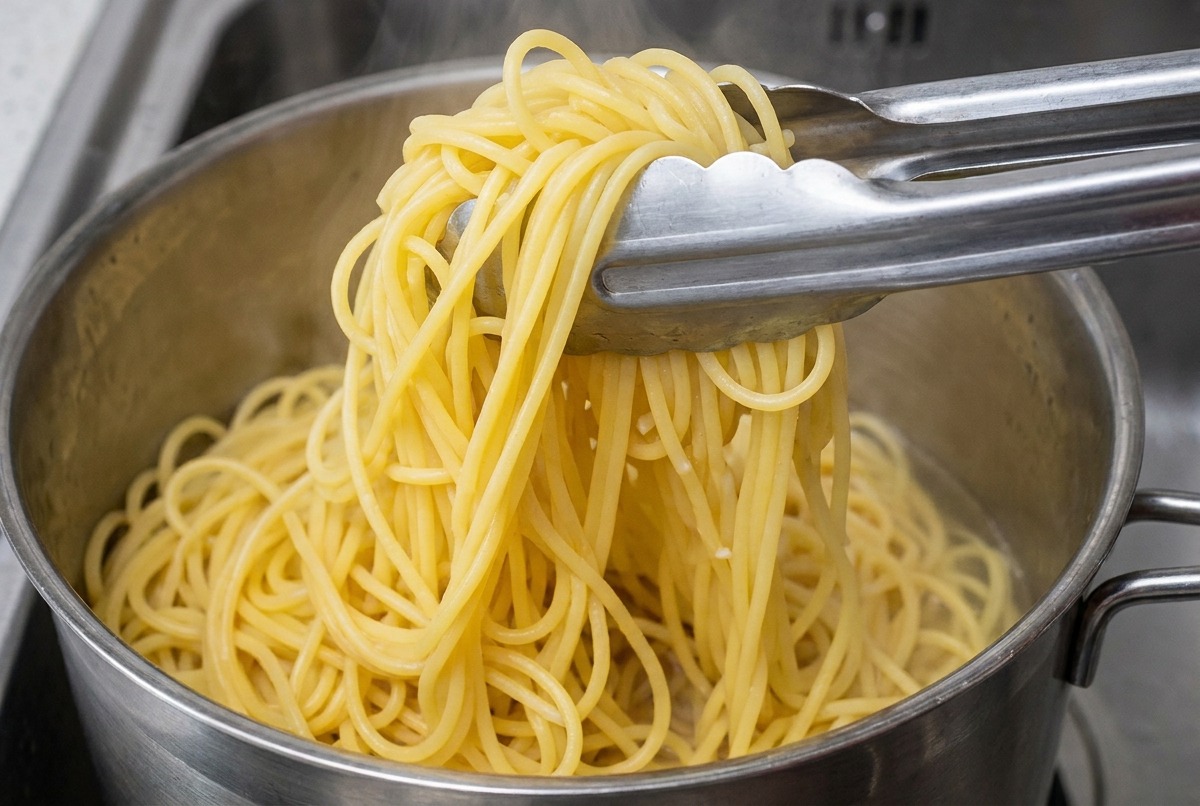 Pince métallique soulevant des spaghettis fumants dune casserole pour les placer dans un plat.