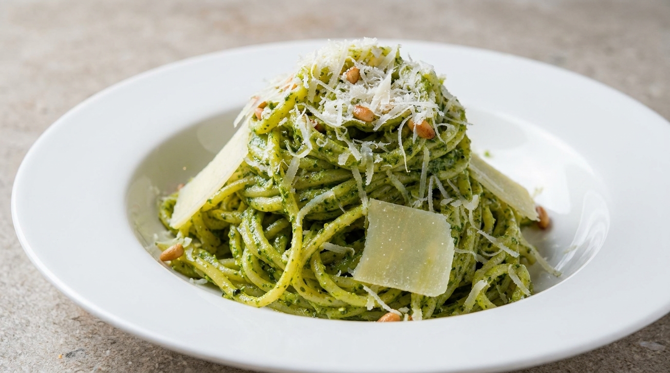 Spaghetti crémeux au pesto de basilic et pignons grillés