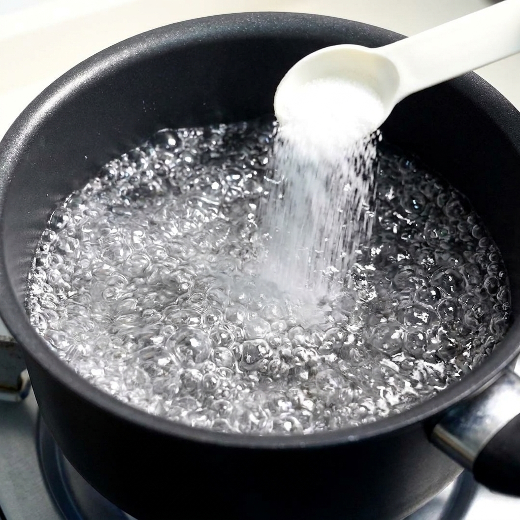 Du sel versé dune cuillère de mesure dans une casserole deau bouillante.