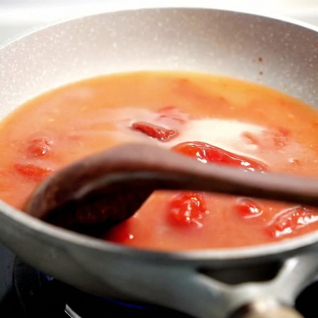 Une spatule en bois écrasant des morceaux de tomate dans une sauce épaisse mijotant dans une poêle.
