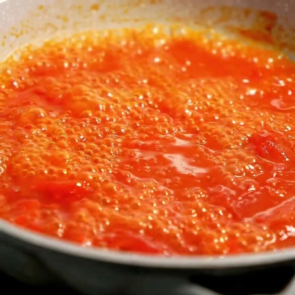 Vue rapprochée dune sauce tomate rouge vif frémissante dans une large poêle.