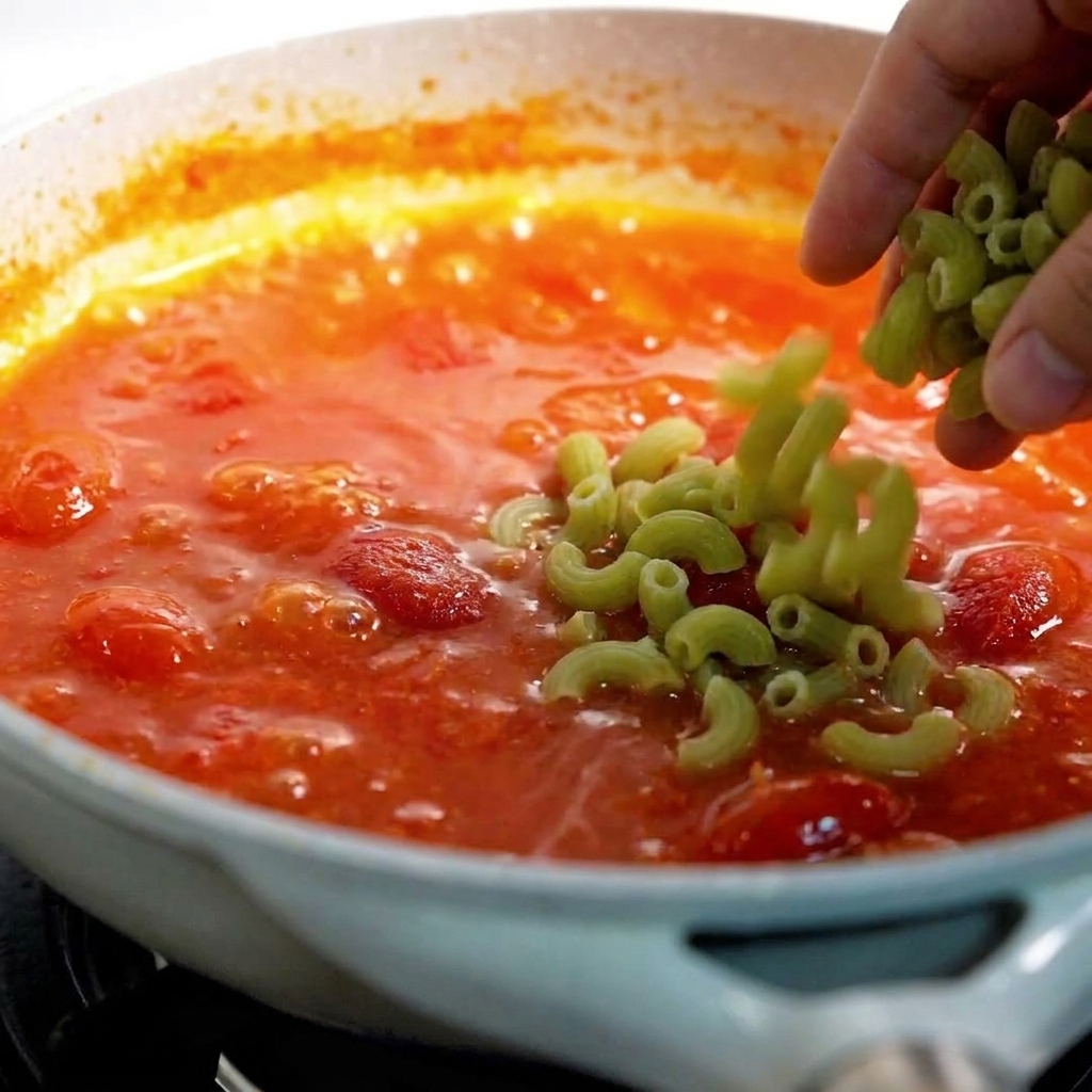 Une main ajoutant des macaronis dans une poêle de sauce tomate épaisse avec des morceaux visibles.