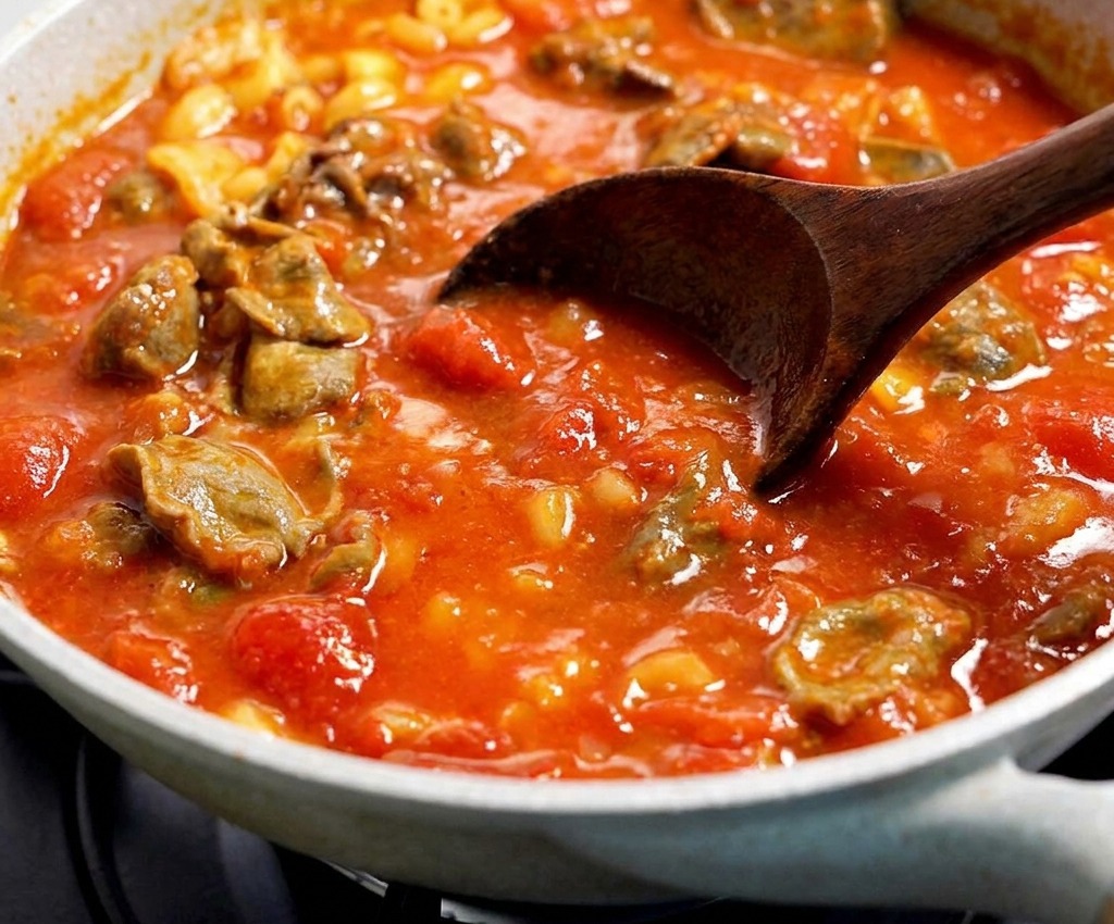 Macaronis et lamelles de bœuf mélangés dans une sauce tomate épaisse dans une poêle.