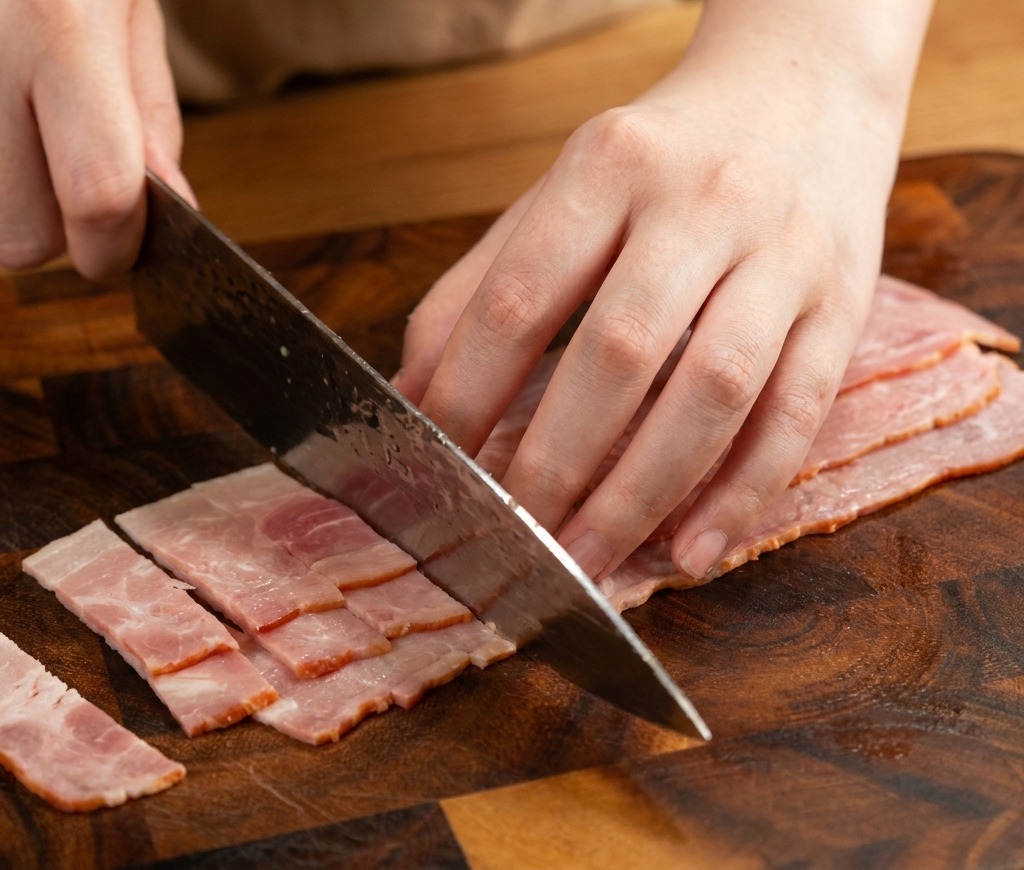 Mains coupant des tranches de bacon et un oignon jaune sur une planche à découper.