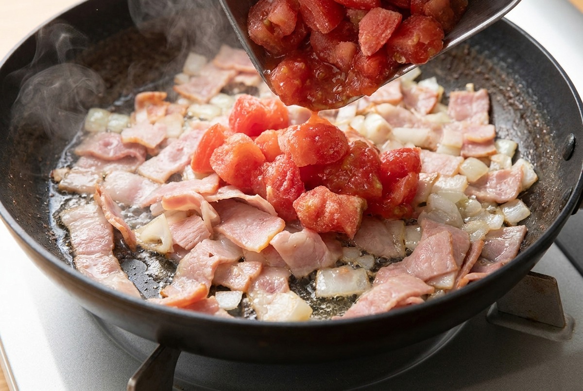 Bacon et oignons cuisant dans une poêle avec des dés de tomates ajoutés au mélange.