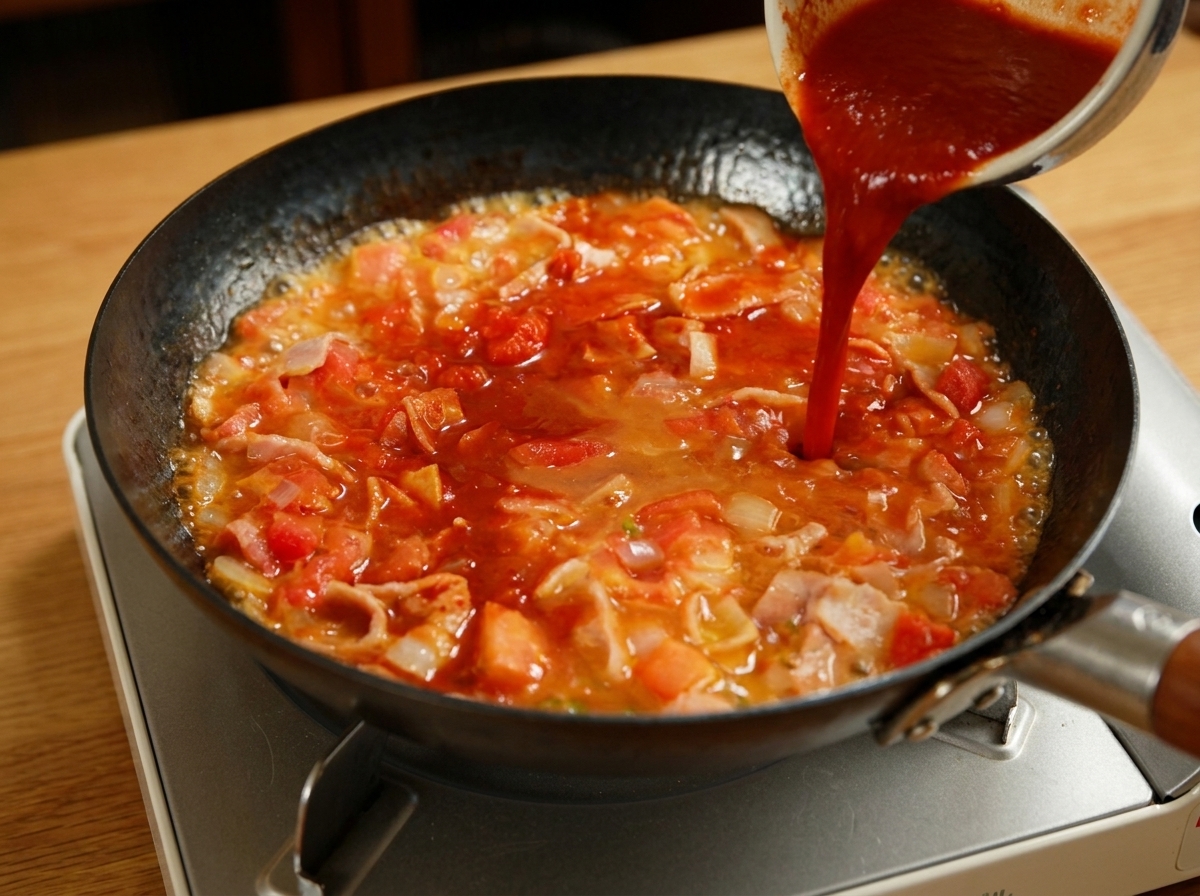 Sauce rouge épaisse versée depuis un bol dans une poêle contenant des tomates, oignons et bacon.