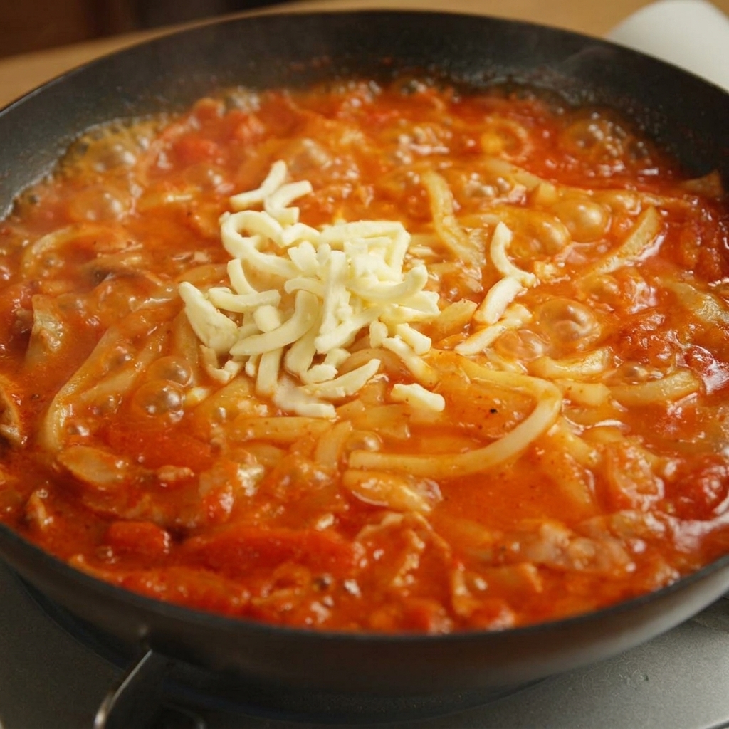 Mozzarella râpée blanche empilée sur des nouilles udon dans une sauce rouge épicée.