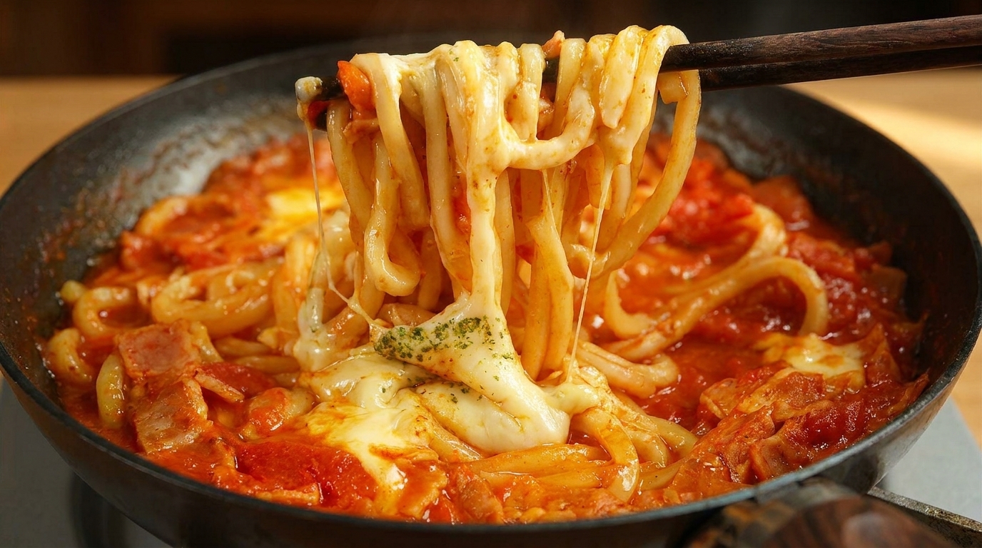 Udon Crémeux à la Tomate et au Fromage avec Bacon Croustillant