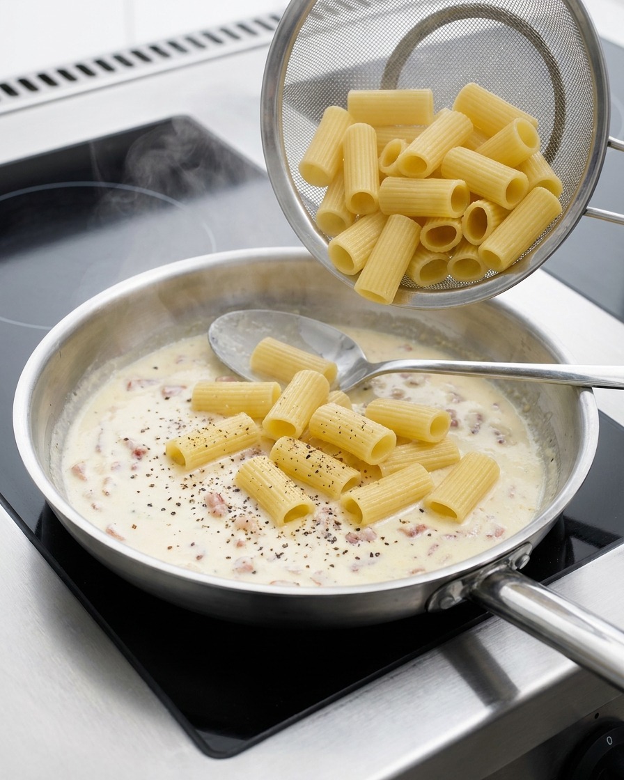 Passoire métallique versant les rigatoni cuites dans la poêle de sauce crémeuse au bacon.
