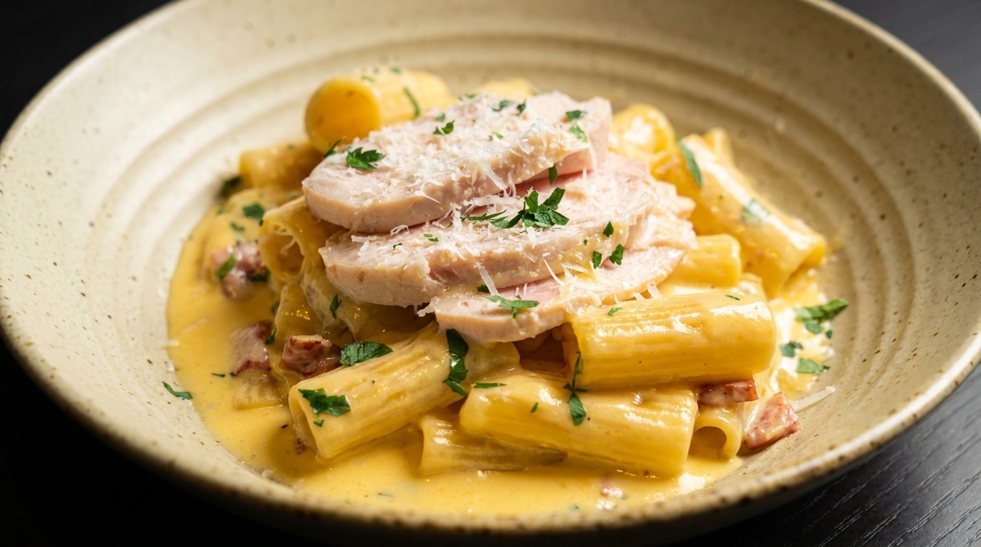 Rigatoni façon Carbonara à la Crème, Bacon et Poulet Émincé