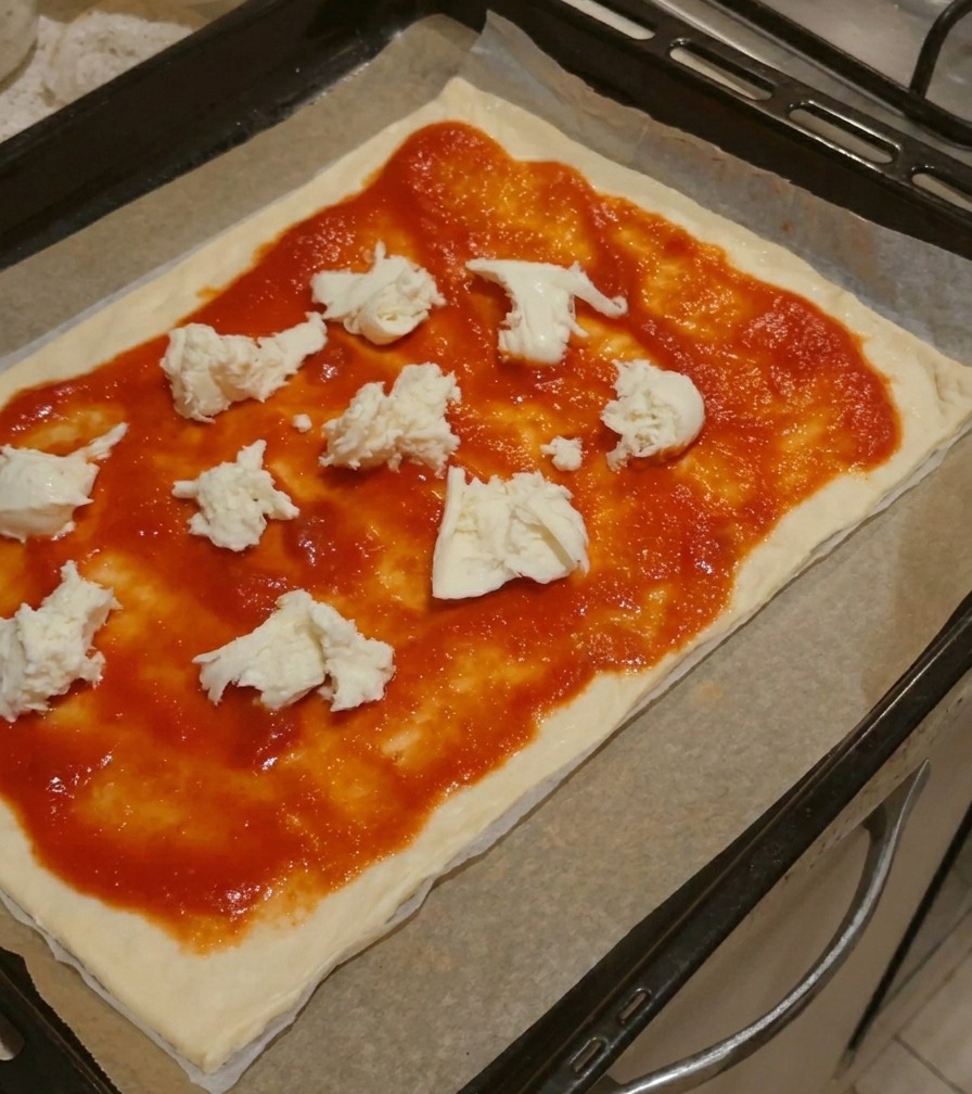 Gros morceaux de mozzarella blanche fraîche placés sur la sauce tomate dune base de pizza.