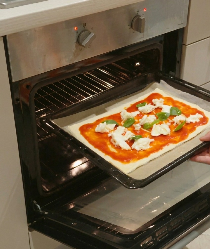 Une main glissant une plaque de cuisson contenant une pizza Margherita crue dans un four préchauffé.