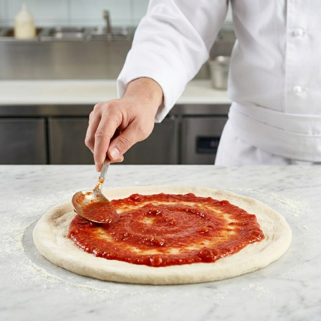 Une louche étalant de la sauce tomate rouge vif en spirale sur une base de pizza crue.