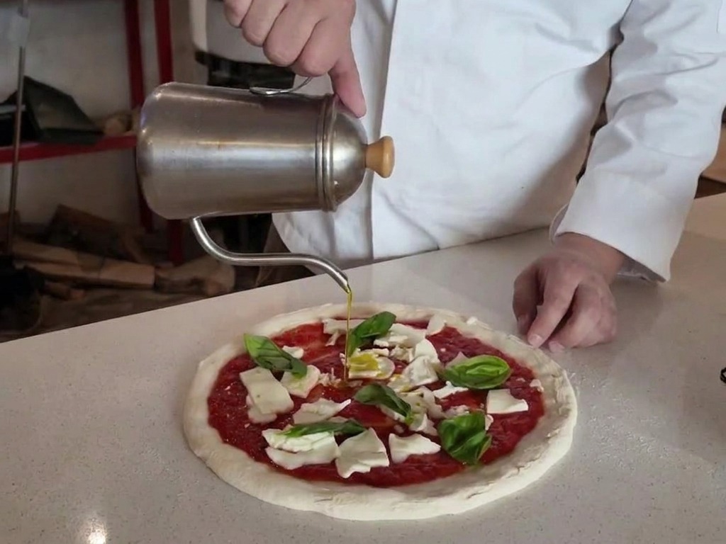 Distributeur dhuile traditionnel versant de lhuile dolive sur une pizza garnie de tomate, mozzarella et basilic.