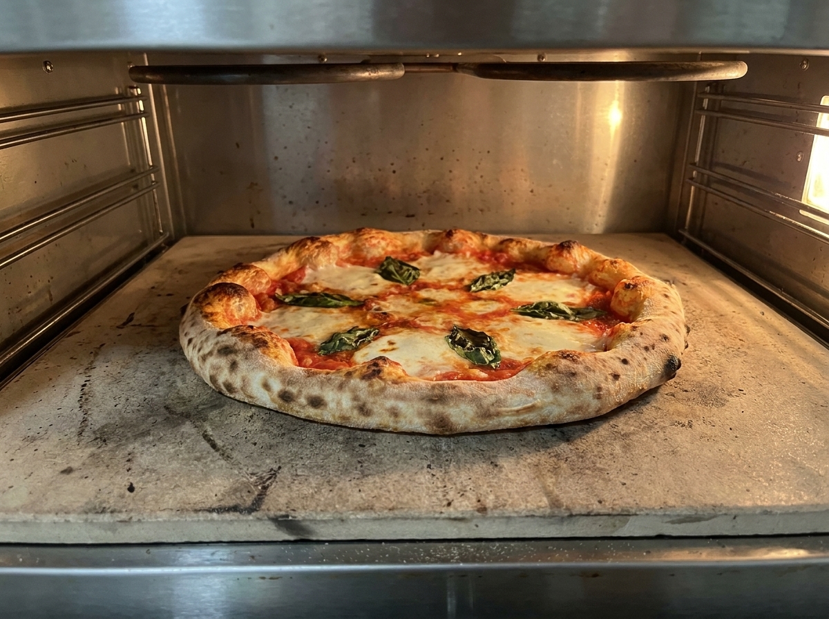 Une pizza Margherita cuisant sur la sole en pierre à lintérieur dun four chaud, montrant une croûte bien levée et du fromage bouillonnant.