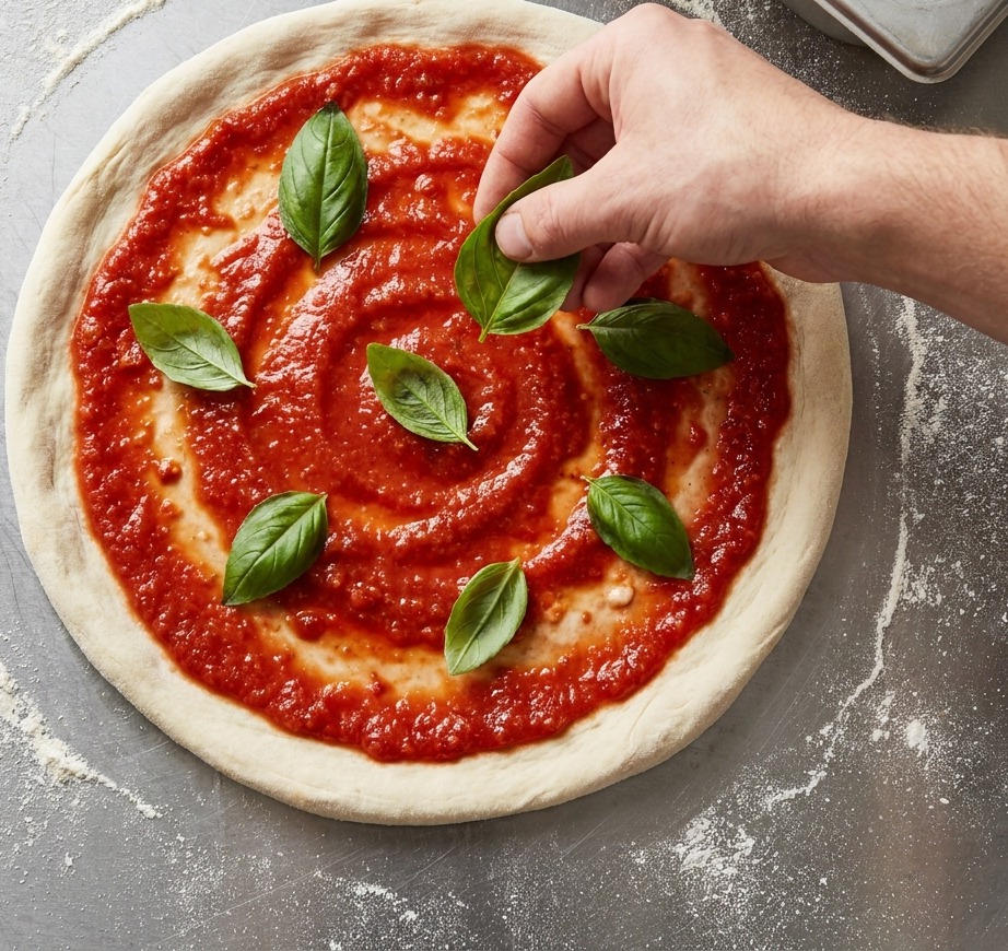 Des mains étalant de la sauce rouge sur une base de pizza et ajoutant des feuilles de basilic vert frais.