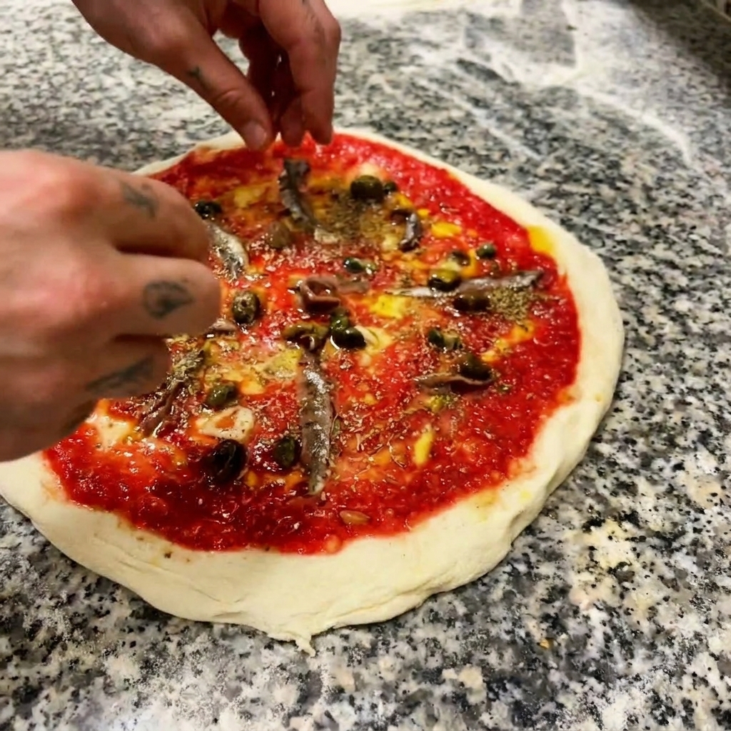Des mains déposant soigneusement des olives noires entières sur une pizza garnie de tomate et danchois.