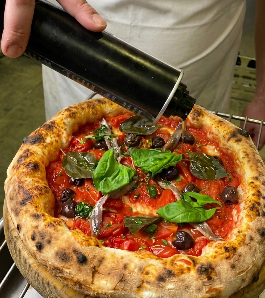 Un fin filet dhuile dolive versé dun huilier en métal noir sur une pizza napolitaine fraîchement garnie.