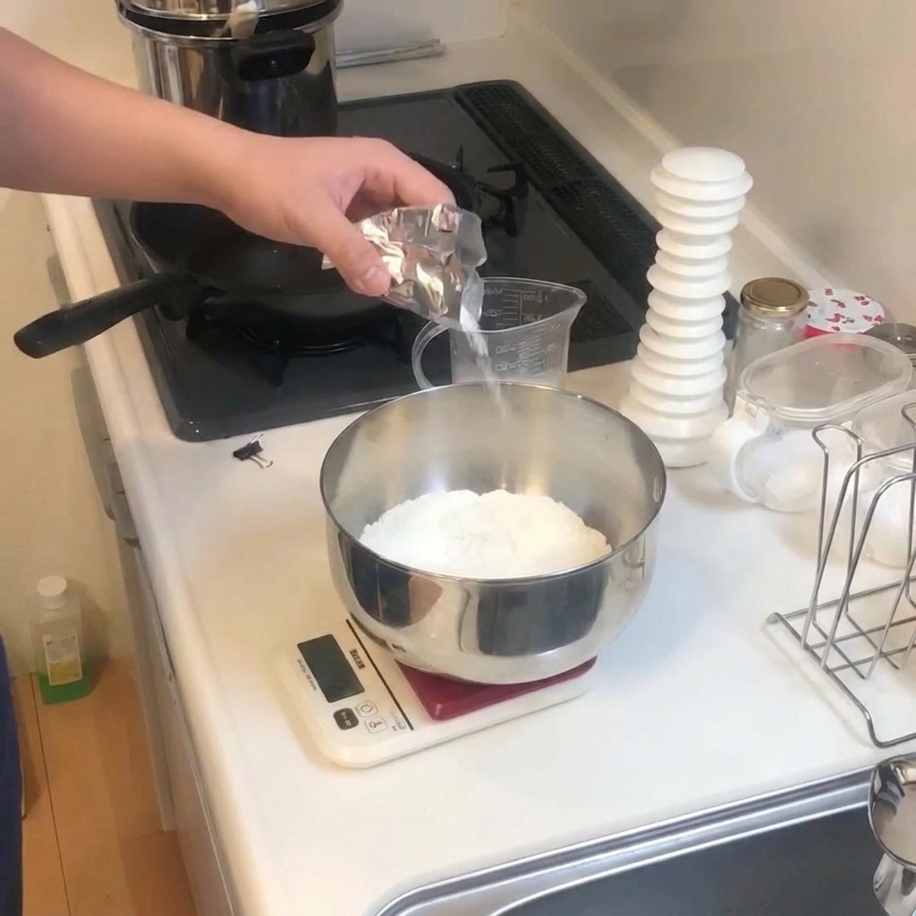 Une main versant des grains de levure sèche depuis un sachet argenté dans un bol en inox contenant de la farine blanche.