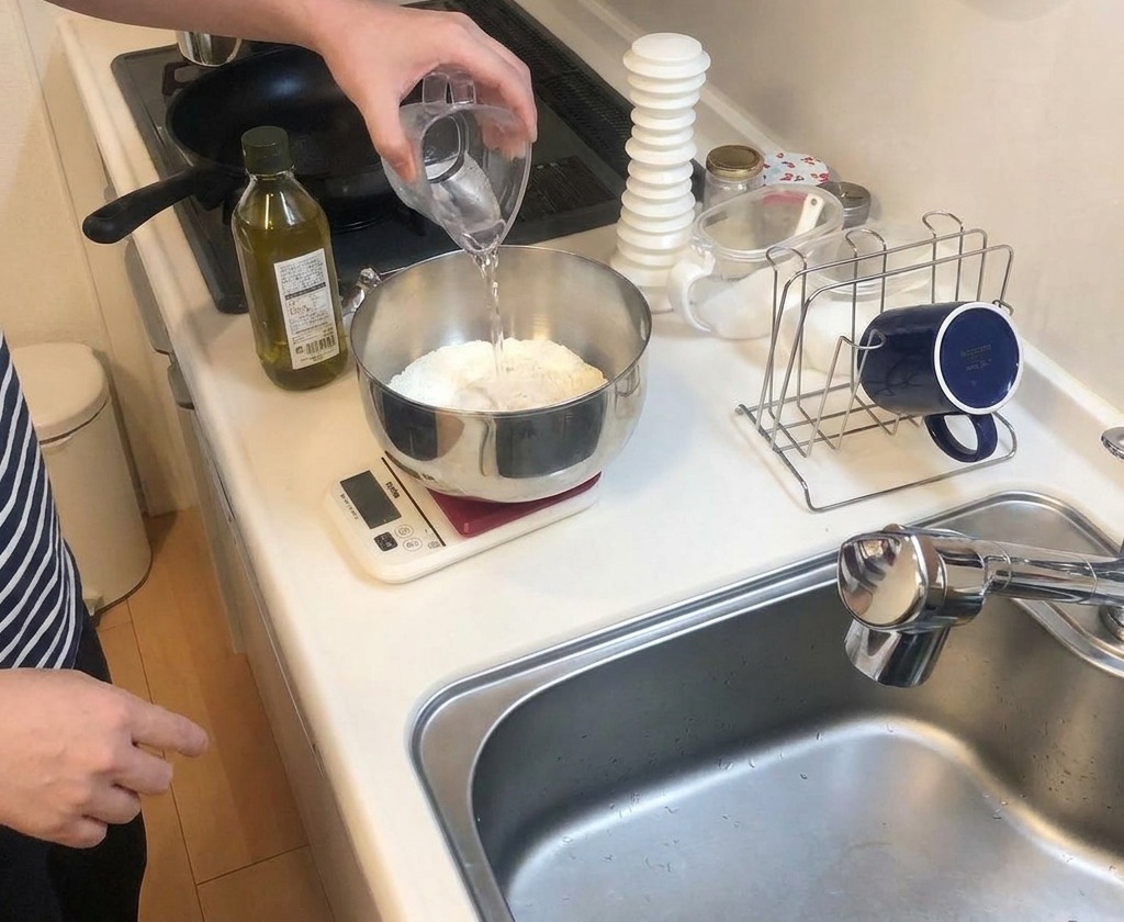 De leau tiède versée depuis un verre doseur en plastique dans un bol avec la farine et les autres ingrédients secs.