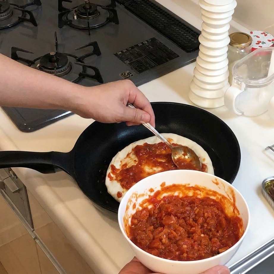 De la sauce tomate rouge vif étalée à la cuillère sur la pâte à pizza crue au fond dune poêle.