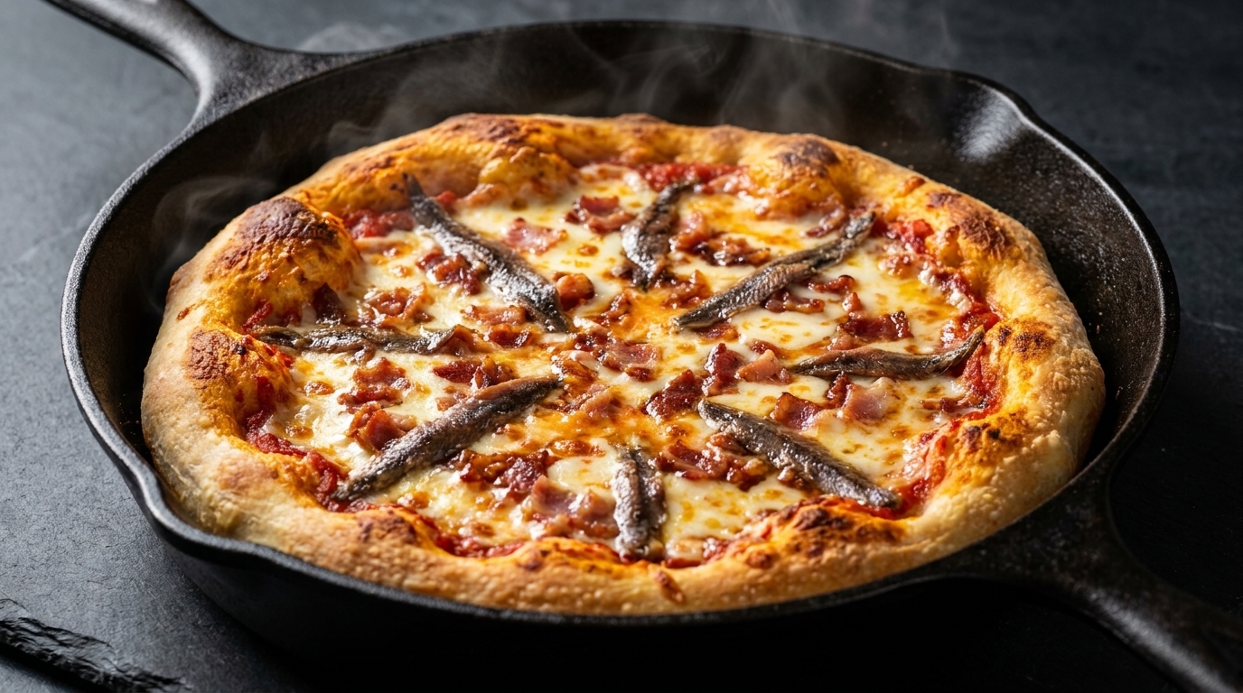 Pizza Croustillante à la Poêle, Anchois et Lardons