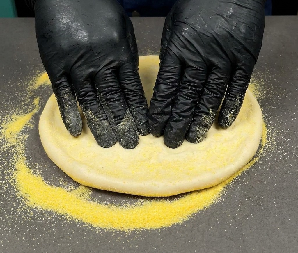Mains gantées pressant un pâton rond sur une surface recouverte de farine de maïs jaune.