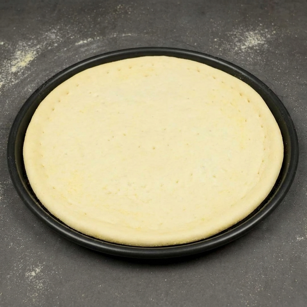 La base de pâte à pizza crue parfaitement centrée dans un moule à pâtisserie rond en métal sombre.