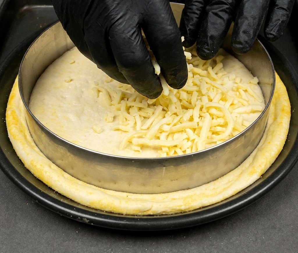 Mozzarella râpée répartie sur la pâte à pizza à lintérieur dun cercle à pâtisserie en métal.
