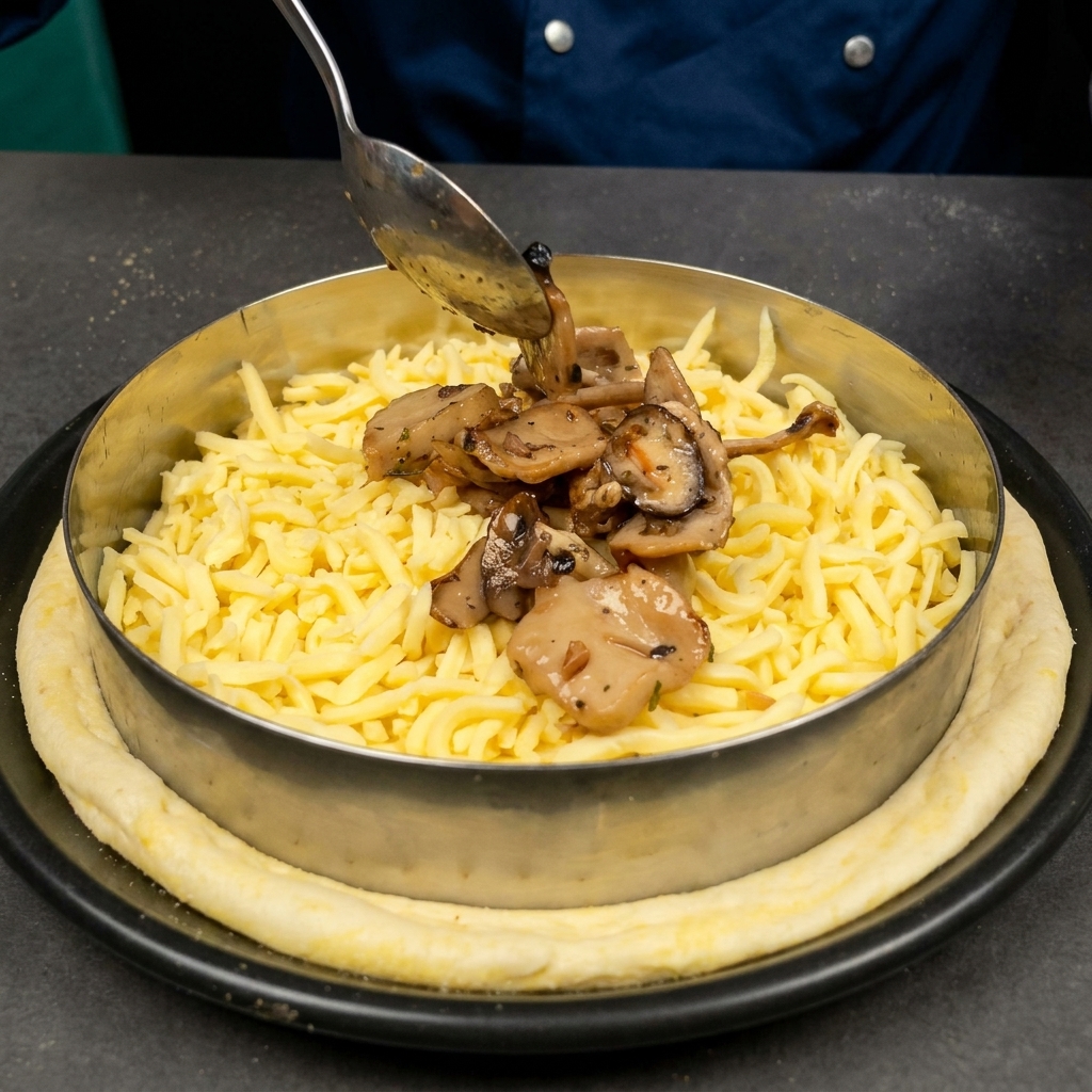 Une cuillère déposant les champignons cuits et assaisonnés sur le fromage de la pizza.