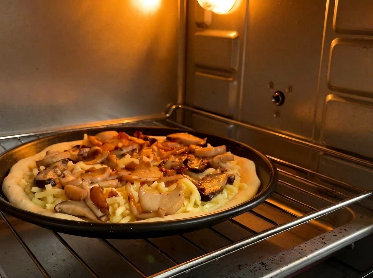 Une pizza aux champignons cuisant sur une grille à lintérieur dun four avec léclairage interne allumé.