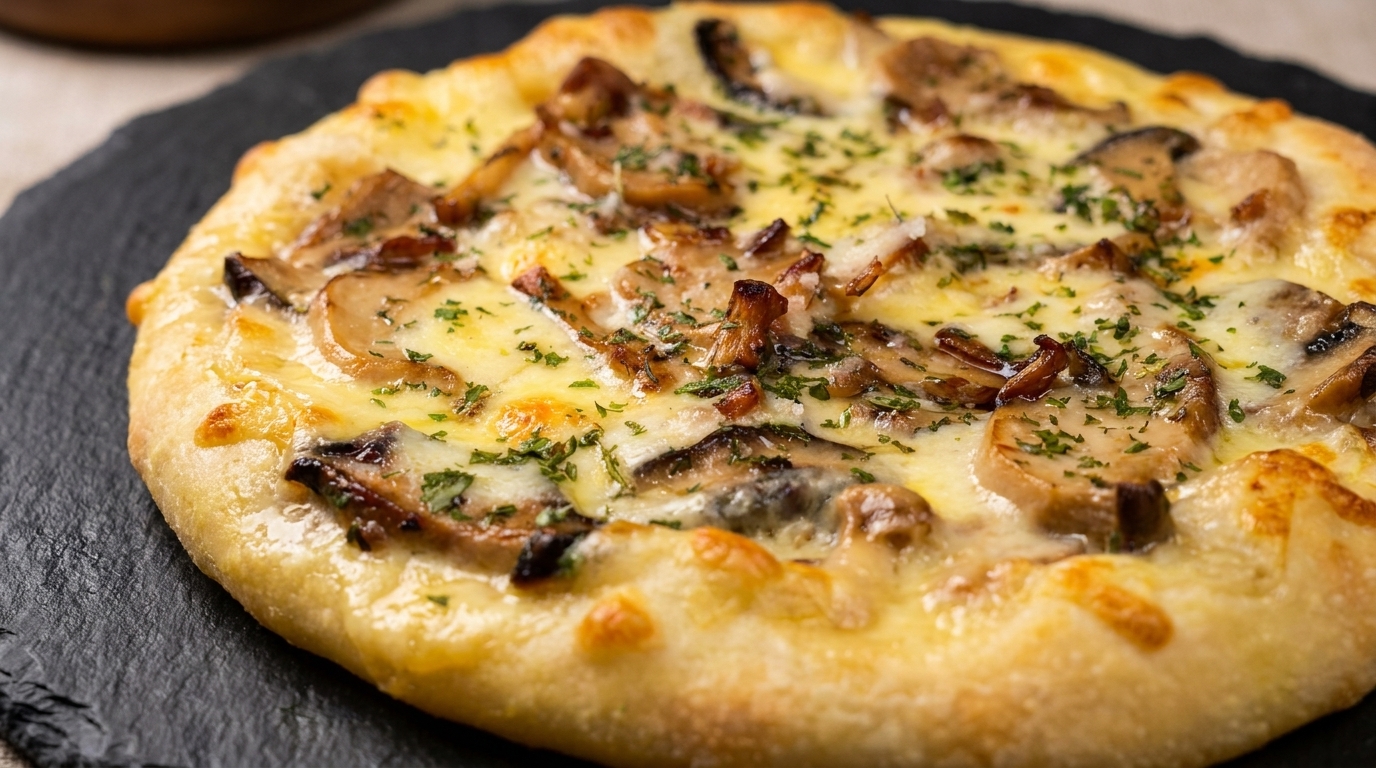 Pizza Blanche Gourmande aux Champignons, Ail et Herbes Fraîches