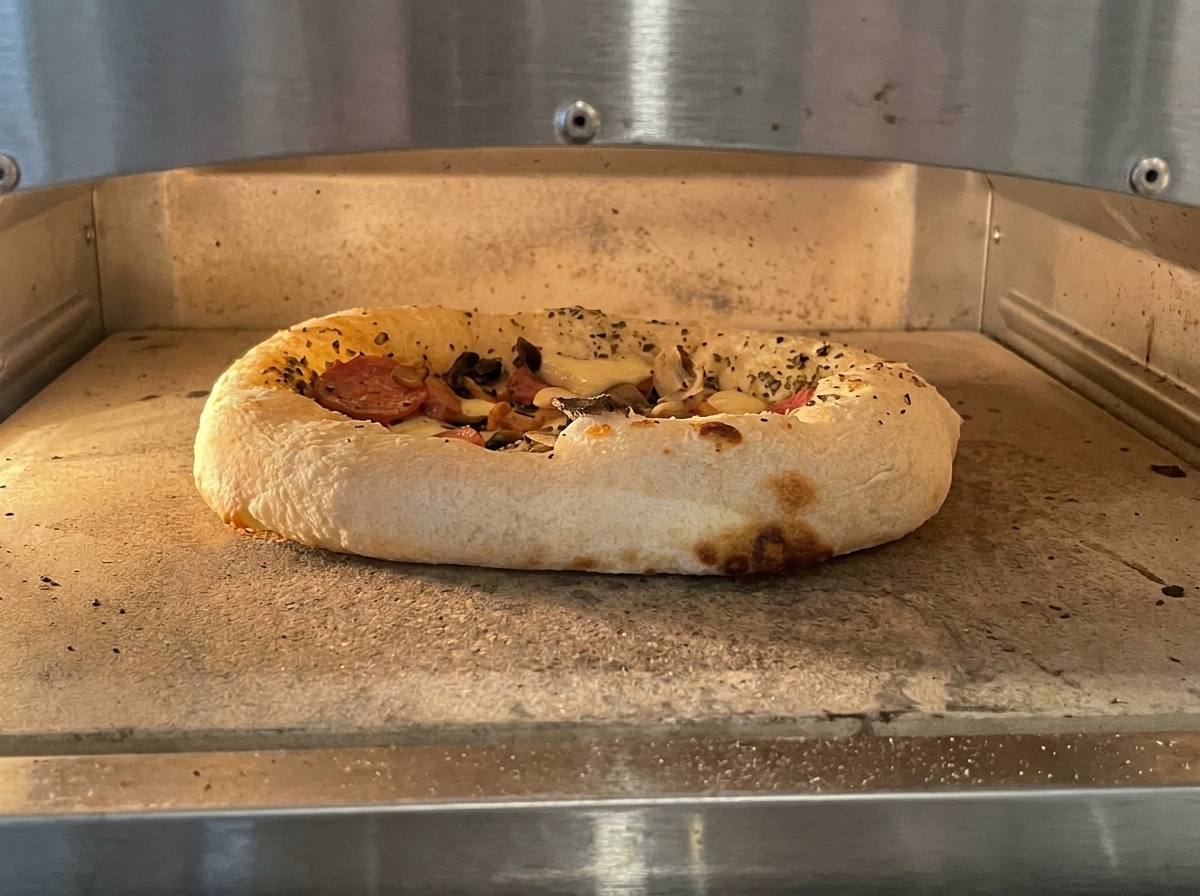Pizza en train de cuire dans un four, avec une croûte bien gonflée et dorée, et un fromage fondu bouillonnant.