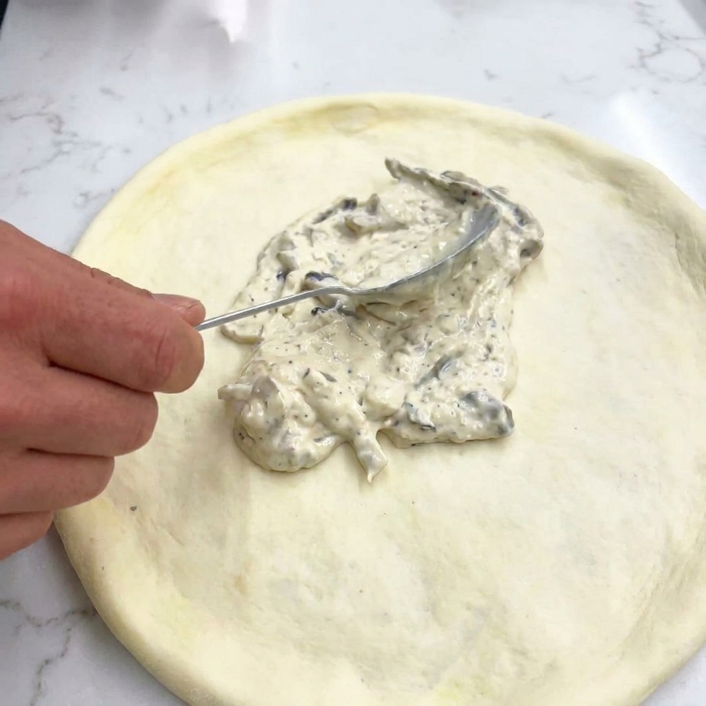 Une cuillère en métal étalant une sauce blanche épaisse aux champignons sur une pâte à pizza crue.