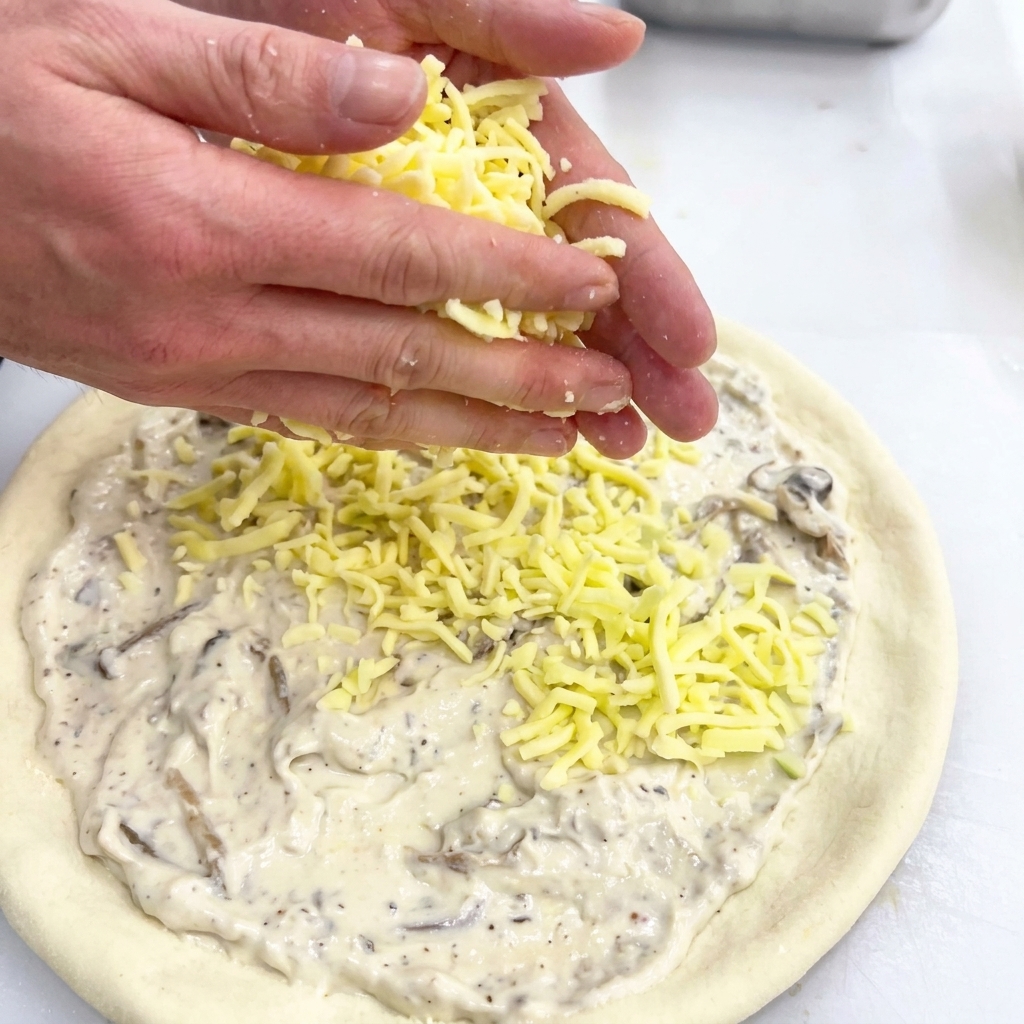 Mains parsemant du fromage râpé sur une base de pizza déjà couverte de sauce blanche.