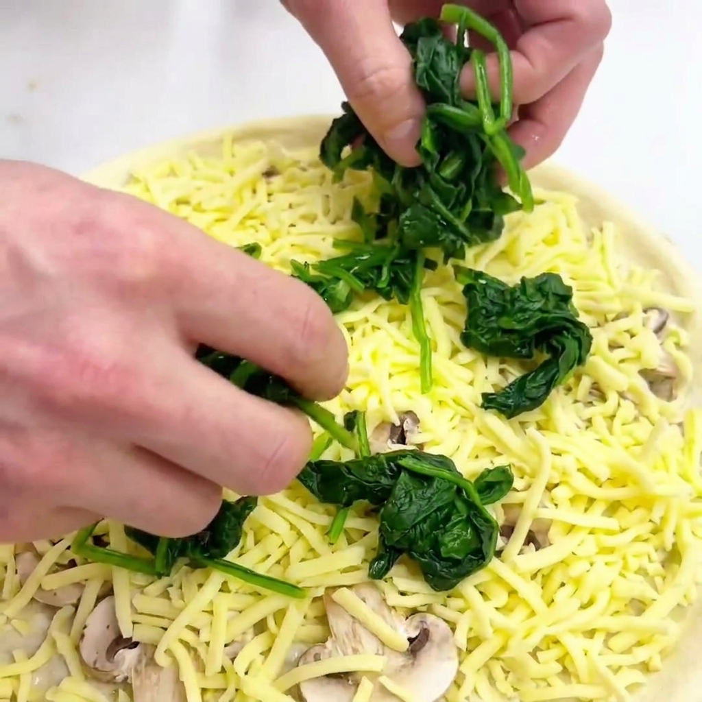 Mains déposant des feuilles dépinards cuites sur une pizza garnie de fromage râpé.