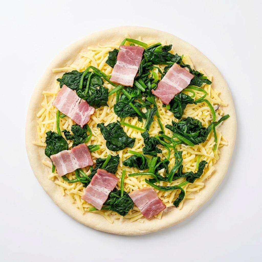 Vue de dessus dune pizza crue garnie de sauce blanche, mozzarella, épinards et six tranches de bacon.