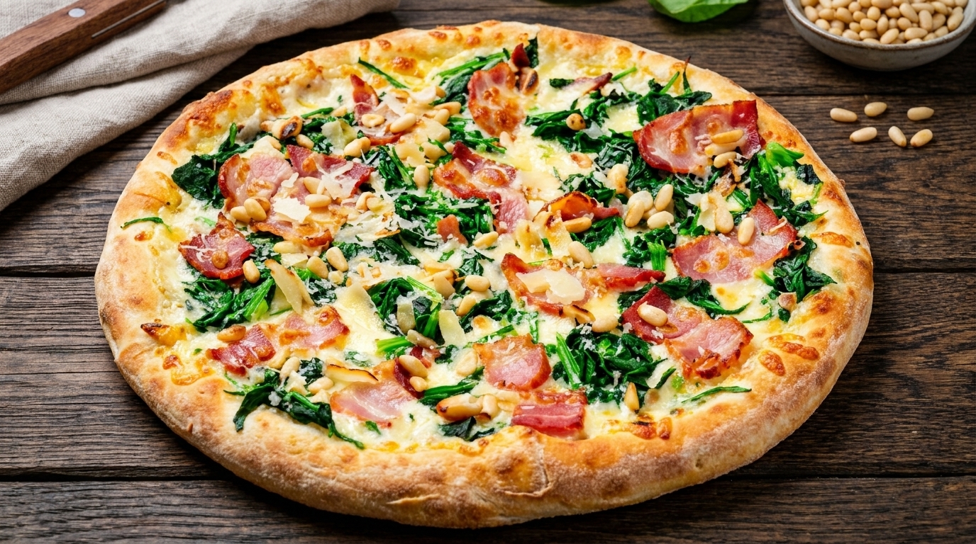 Pizza Blanche Crémeuse aux Épinards, Bacon et Sauce Champignons