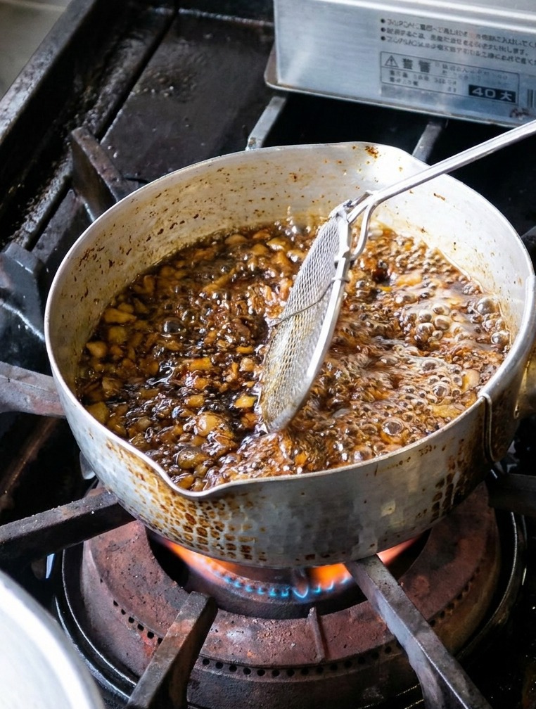 La dernière portion de tranches dail frite jusquà obtenir une couleur noire profonde dans une casserole dhuile, retirée avec une passoire.